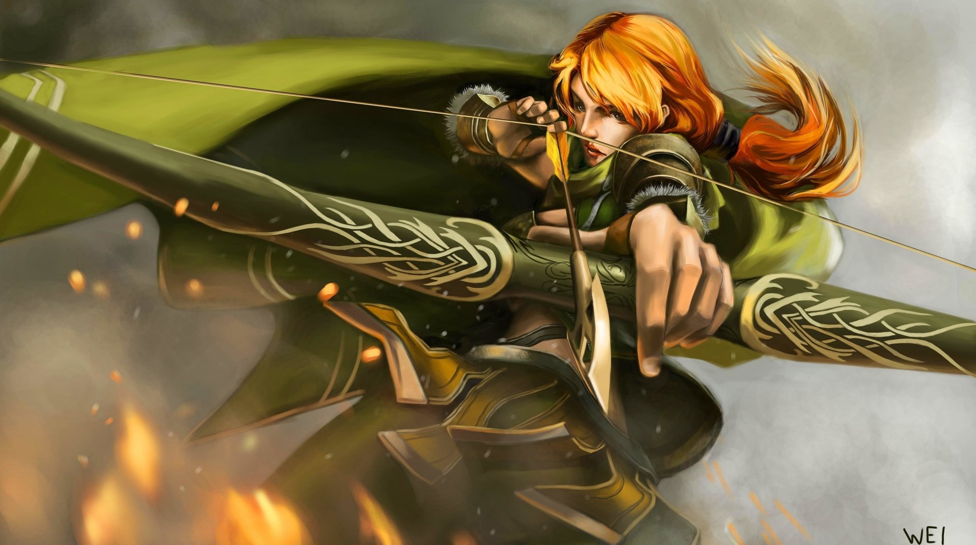 4K Ultra HD PC desktop wallpaper and background — fantasy archer: fiery-haired bowwoman in a green cloak drawing an ornate longbow amid sparks and embers.