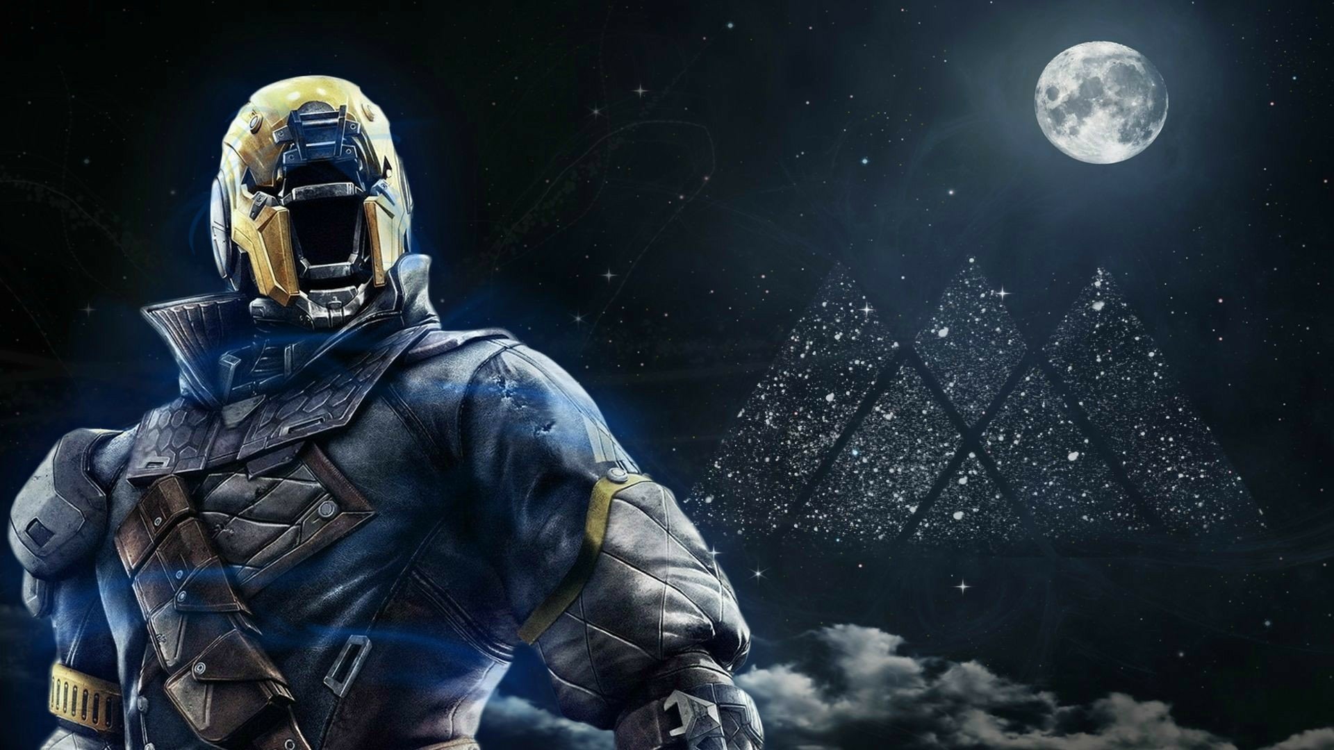 HD PC desktop wallpaper featuring a Guardian from the video game Destiny under a night sky with a full moon and the game's emblem glowing in the background.