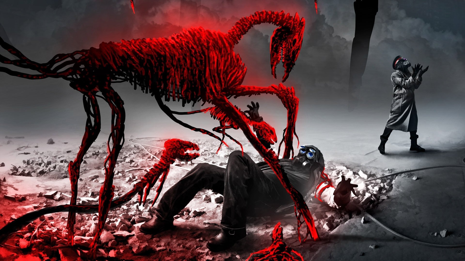 HD PC desktop wallpaper featuring a dark, dramatic scene from Romantically Apocalyptic with a red skeletal creature looming over a fallen figure in a post-apocalyptic setting.