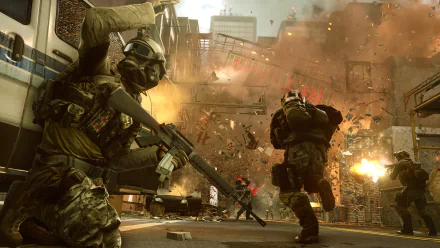 HD desktop wallpaper from the video game Battlefield 4, depicting soldiers in combat with explosions and debris on an urban battlefield.