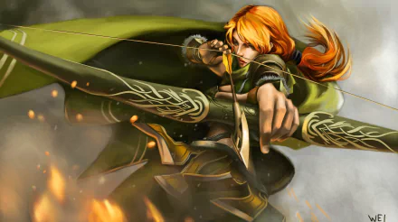 4K Ultra HD PC desktop wallpaper and background — fantasy archer: fiery-haired bowwoman in a green cloak drawing an ornate longbow amid sparks and embers.