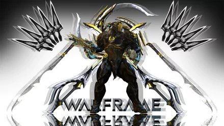 HD PC desktop wallpaper featuring a Warframe character wielding futuristic weapons in a dynamic pose, set against a sleek gray background.