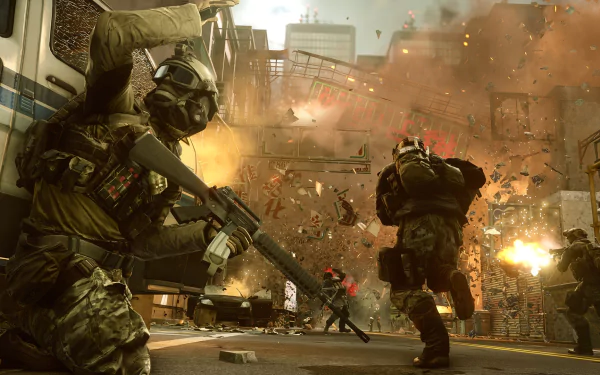HD desktop wallpaper from the video game Battlefield 4, depicting soldiers in combat with explosions and debris on an urban battlefield.