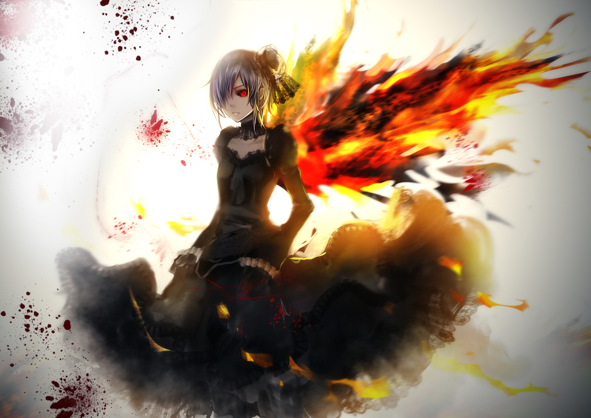 HD wallpaper of Touka Kirishima from Tokyo Ghoul, featuring her in a black gothic dress with purple hair and red eyes, unleashing a fiery Kagune.