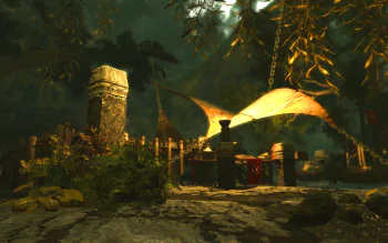 HD PC desktop wallpaper from The Elder Scrolls V: Skyrim — a dusk-lit forest campsite with tents, stone markers and hanging lanterns, The Elder Scrolls video game background.