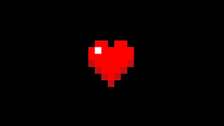 A vibrant red pixel art heart set against a black background, designed for an artistic HD PC desktop wallpaper.