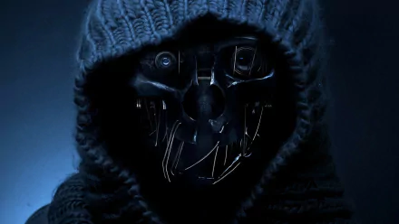 A dark, atmospheric HD wallpaper featuring Corvo Attano, a character from the video game Dishonored, showcasing a hooded figure with a mechanical mask.