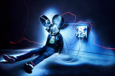 HD PC desktop wallpaper featuring Deadmau5, depicted sitting against a wall with a futuristic mouse head and colorful neon lighting, embodying his unique electronic music style.