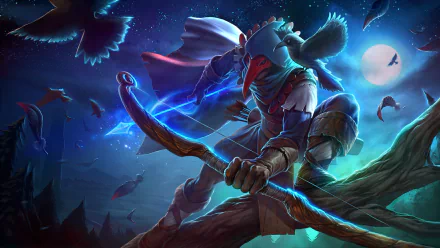 Strife video game 2K Quad HD PC desktop wallpaper: hooded bird-like archer on a moonlit branch, drawing a glowing blue energy bow as bats and feathers swirl under a starry sky.