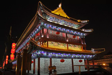 Night view of an illuminated religious temple in Xi'an, Shaanxi, China — ornate multi-tiered pavilion with red lanterns, 5K Ultra HD PC desktop wallpaper.