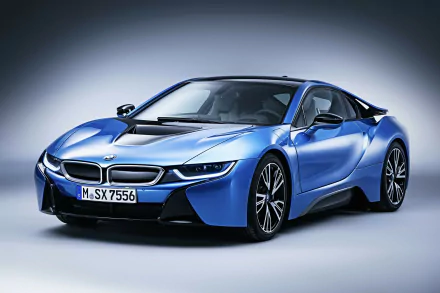 A sleek blue BMW i8 showcased against a smooth, gradient background, perfect for enhancing your HD PC desktop wallpaper and background.