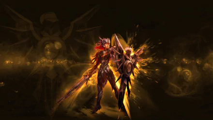 Leona (League of Legends) in golden armor with sword and shield, surrounded by radiant solar energy — HD PC desktop wallpaper/background from the video game League of Legends.