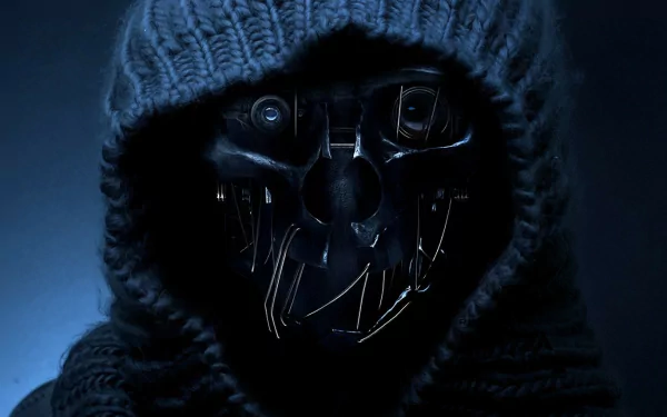 A dark, atmospheric HD wallpaper featuring Corvo Attano, a character from the video game Dishonored, showcasing a hooded figure with a mechanical mask.