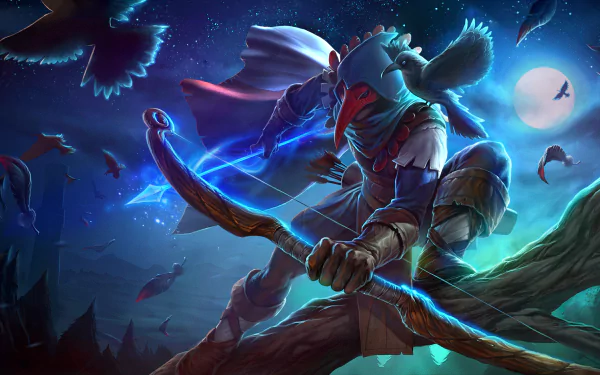 Strife video game 2K Quad HD PC desktop wallpaper: hooded bird-like archer on a moonlit branch, drawing a glowing blue energy bow as bats and feathers swirl under a starry sky.