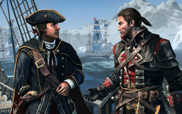 Two characters from Assassin's Creed: Rogue engage in conversation aboard a ship, with icy mountains and another vessel in the background, set against a high-definition gaming aesthetic.
