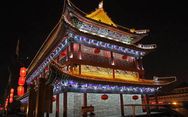 Night view of an illuminated religious temple in Xi'an, Shaanxi, China — ornate multi-tiered pavilion with red lanterns, 5K Ultra HD PC desktop wallpaper.