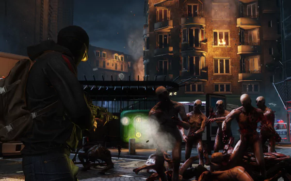 HD PC desktop wallpaper from the video game Killing Floor 2, depicting a character facing a horde of grotesque zombies in a dark, urban environment at night.