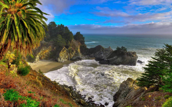 A vibrant seashore scene featuring rolling waves, lush palm trees, and rocky cliffs under a beautiful sky, creating a stunning nature backdrop for any desktop wallpaper.
