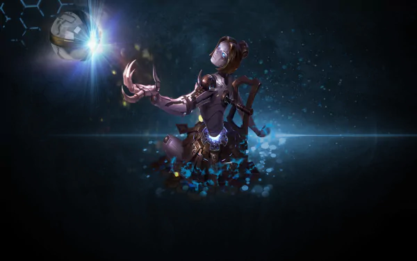 A detailed HD wallpaper featuring Orianna from League of Legends. The image showcases her unique design and abilities, set against a dark, dynamic background.