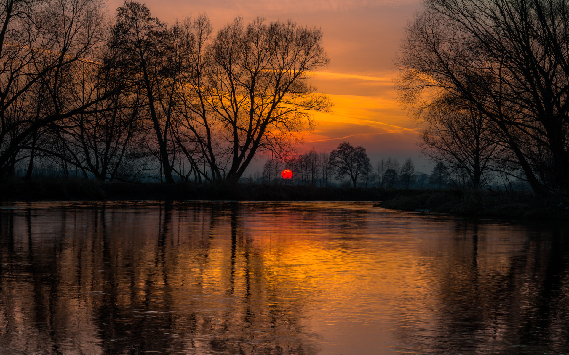 Serene Sunset Over Tranquil Lake with Silhouetted Trees - HD Nature ...