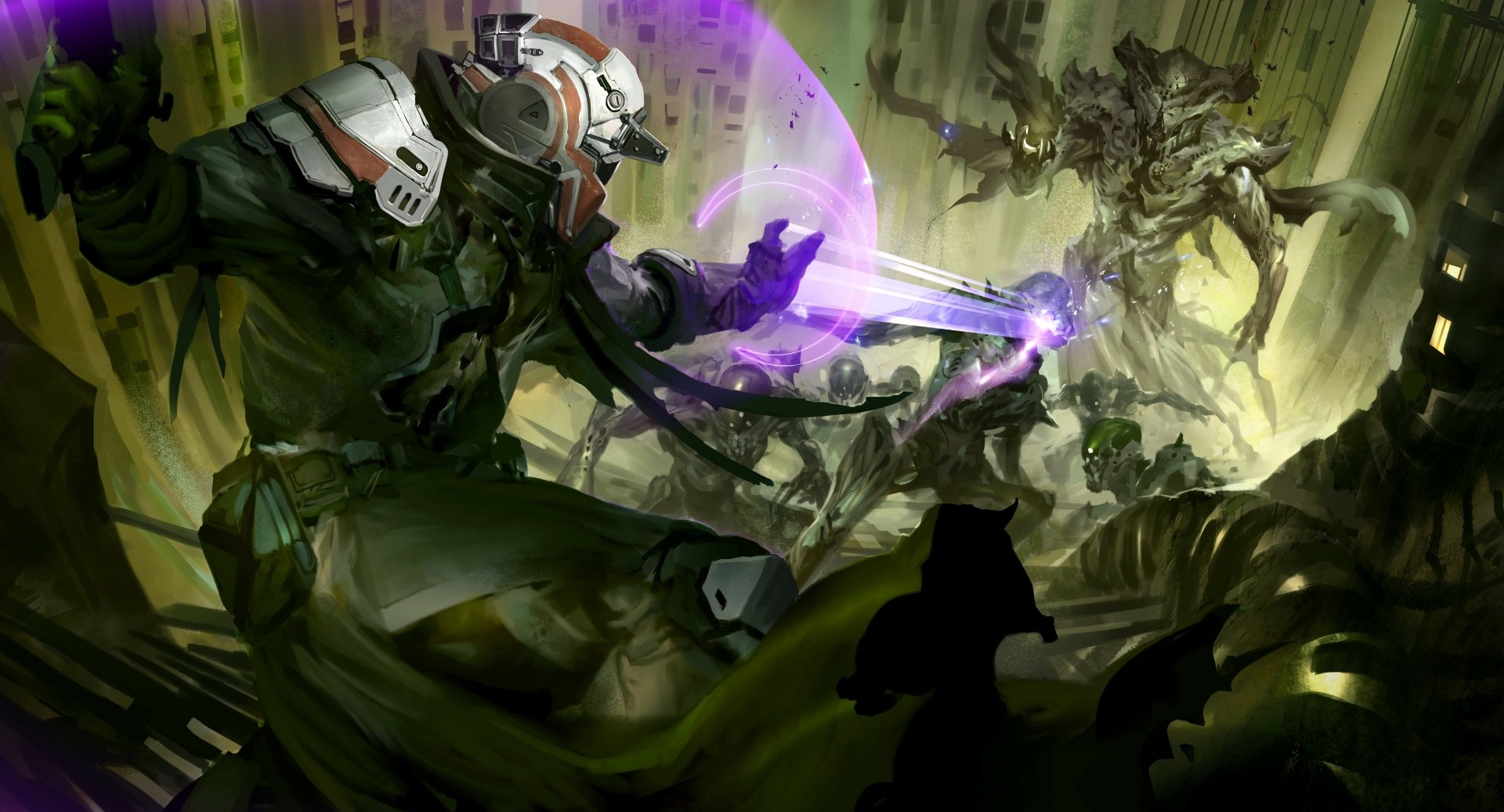 A dynamic HD desktop wallpaper from Destiny, featuring a heroic character battling menacing foes in a vibrant, otherworldly setting. Action and drama unfold in a captivating scene.