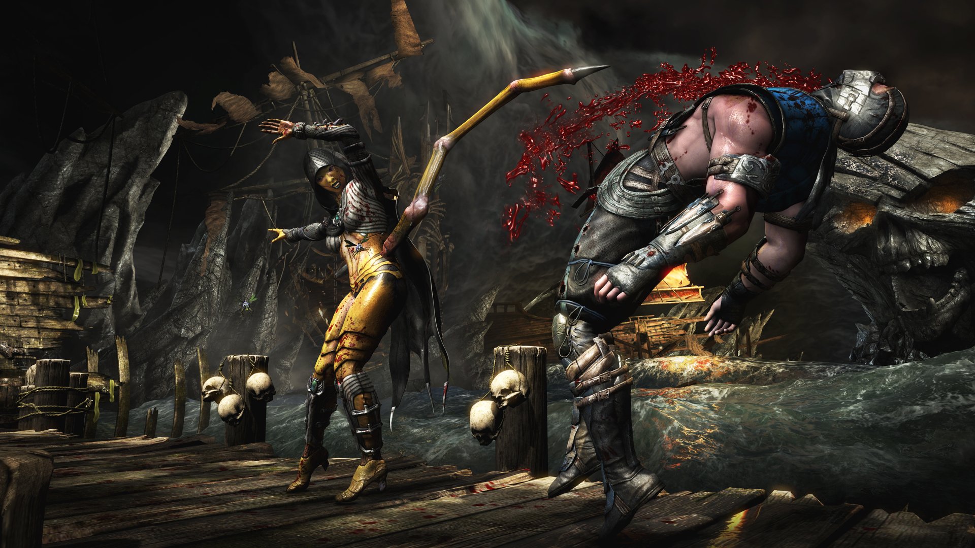A dynamic scene from Mortal Kombat X featuring intense combat, with a character using a weapon against an opponent. Set against a dark, atmospheric background, showcasing the game's striking visuals.