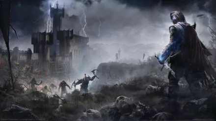 A dramatic HD desktop wallpaper from Middle-earth: Shadow of Mordor, featuring a lone warrior facing a dark, stormy landscape filled with enemies and a foreboding fortress in the background.