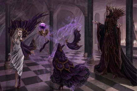 HD desktop wallpaper featuring a dark, ghostly scene of spectral figures in flowing robes within a shadowy, mystical hall.