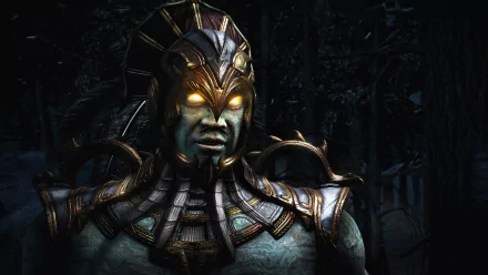 HD wallpaper featuring a character from Mortal Kombat X, showcasing intricate armor and glowing eyes in a dark, atmospheric setting.