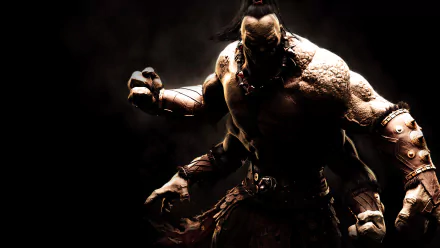 A powerful character from Mortal Kombat X stands menacingly in this HD PC desktop wallpaper, showcasing intense detail against a dark, dramatic background.