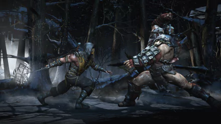 A dynamic scene from Mortal Kombat X featuring Scorpion and a large opponent in a snowy forest, showcasing intense action in a 4K Ultra HD PC desktop wallpaper.