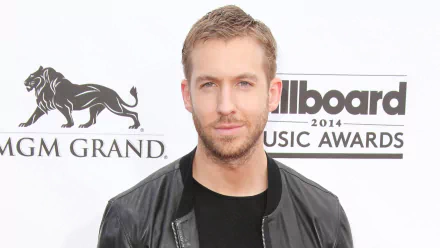 HD desktop wallpaper featuring Calvin Harris at the 2014 Billboard Music Awards, showcasing his signature style and charisma in a dynamic music-themed backdrop.