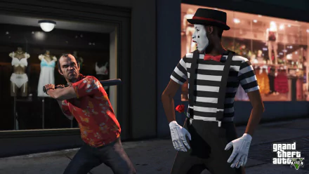 Trevor Philips from Grand Theft Auto V menacingly approaches a mime with a baseball bat. The HD desktop wallpaper captures a tense street scene at night.