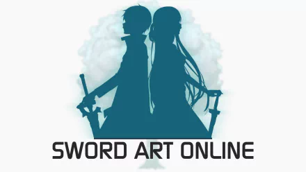HD desktop wallpaper featuring silhouette profiles of Kirito and Asuna from Sword Art Online against a cloud and logo backdrop.