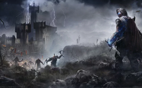 A dramatic HD desktop wallpaper from Middle-earth: Shadow of Mordor, featuring a lone warrior facing a dark, stormy landscape filled with enemies and a foreboding fortress in the background.