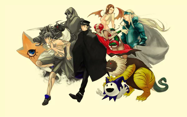 HD PC desktop wallpaper featuring a diverse cast of characters from the video game Shin Megami Tensei, showcasing distinctive fantasy and supernatural designs.