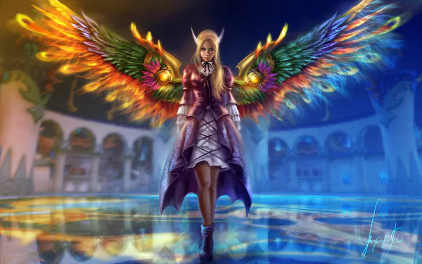 HD desktop wallpaper of a fantasy angel with vibrant, colorful wings standing by a reflective water surface, set against a mystical architectural backdrop.