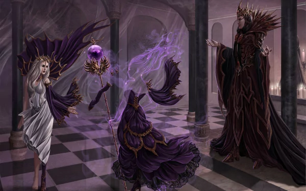 HD desktop wallpaper featuring a dark, ghostly scene of spectral figures in flowing robes within a shadowy, mystical hall.
