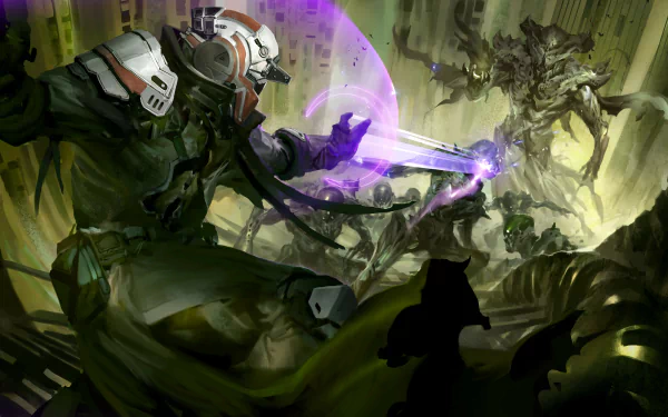 A dynamic HD desktop wallpaper from Destiny, featuring a heroic character battling menacing foes in a vibrant, otherworldly setting. Action and drama unfold in a captivating scene.