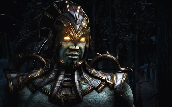 HD wallpaper featuring a character from Mortal Kombat X, showcasing intricate armor and glowing eyes in a dark, atmospheric setting.