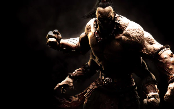 A powerful character from Mortal Kombat X stands menacingly in this HD PC desktop wallpaper, showcasing intense detail against a dark, dramatic background.