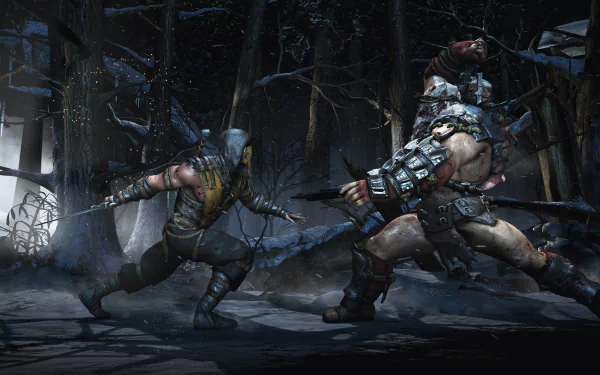 A dynamic scene from Mortal Kombat X featuring Scorpion and a large opponent in a snowy forest, showcasing intense action in a 4K Ultra HD PC desktop wallpaper.