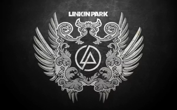 HD wallpaper featuring the Linkin Park logo, surrounded by intricate designs and wings, set against a dark background. A striking tribute to the iconic music band.