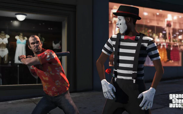 Trevor Philips from Grand Theft Auto V menacingly approaches a mime with a baseball bat. The HD desktop wallpaper captures a tense street scene at night.