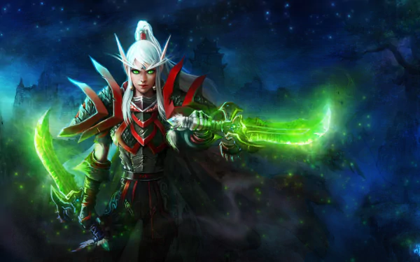 4K Ultra HD World of Warcraft wallpaper featuring a fierce elf warrior wielding glowing green swords against a dark, mystical background.