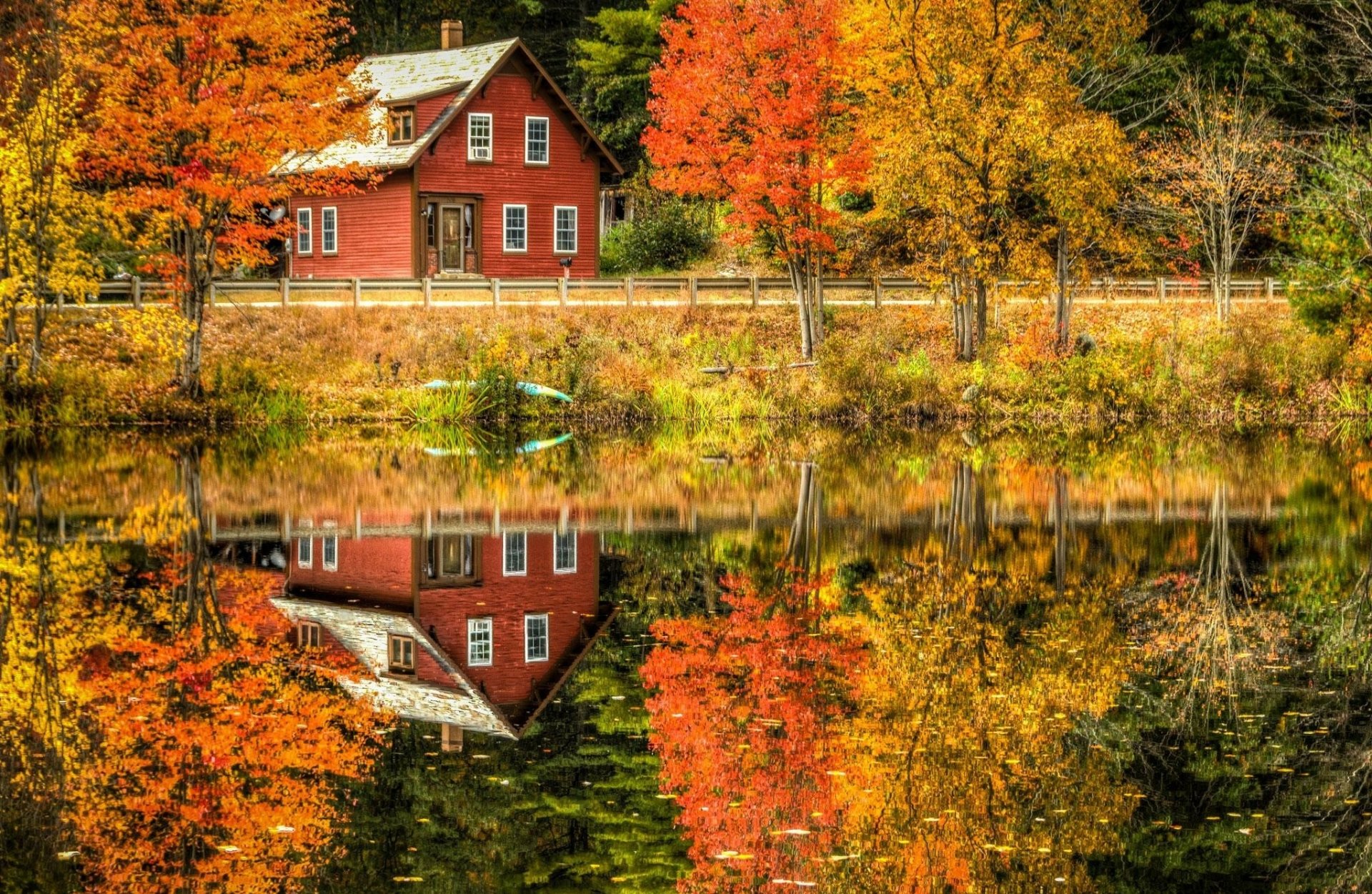 Download House Tree Fall Photography Reflection HD Wallpaper