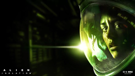 HD PC desktop wallpaper from the video game Alien: Isolation, featuring a close-up of a person’s face reflected in a space helmet with dark, atmospheric lighting.
