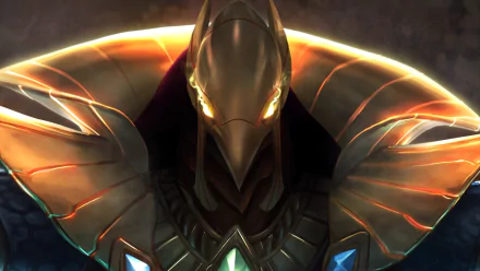 HD desktop wallpaper featuring Azir, the Ascended Emperor from League of Legends, showcasing his iconic golden armor and glowing eyes, set against a dark, mysterious background.