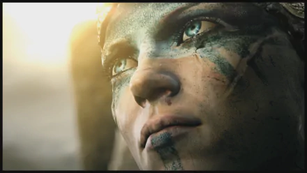 Close-up HD PC desktop wallpaper of Senua from the video game Hellblade: Senua's Sacrifice, highlighting detailed facial features and tribal markings.