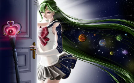A stunning HD desktop wallpaper featuring a character from Sailor Moon, with flowing green hair and a cosmic backdrop of planets, creating a magical and otherworldly atmosphere.